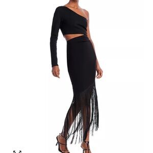 One Shoulder Cutout Fringe Trim Dress
